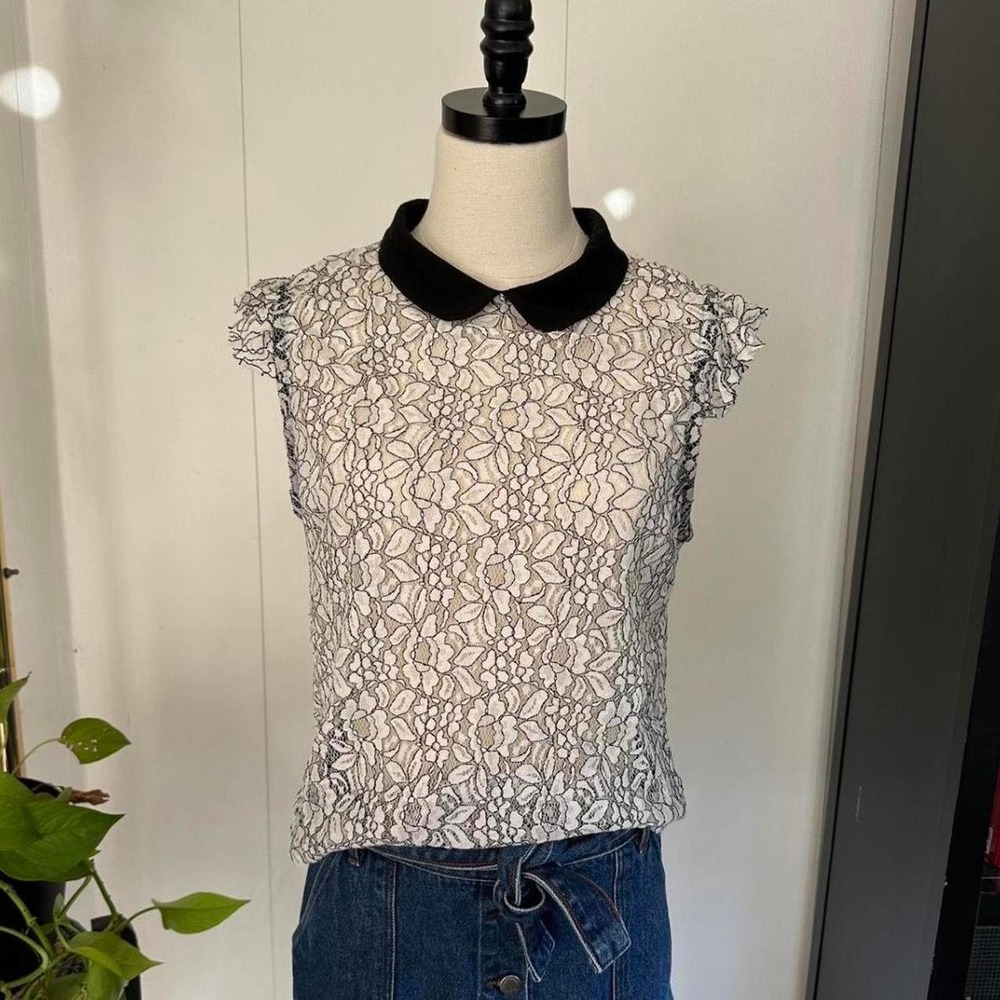 Meraki Women White Black Floral Sheer Lace Blouse Peter Pan Collar XL